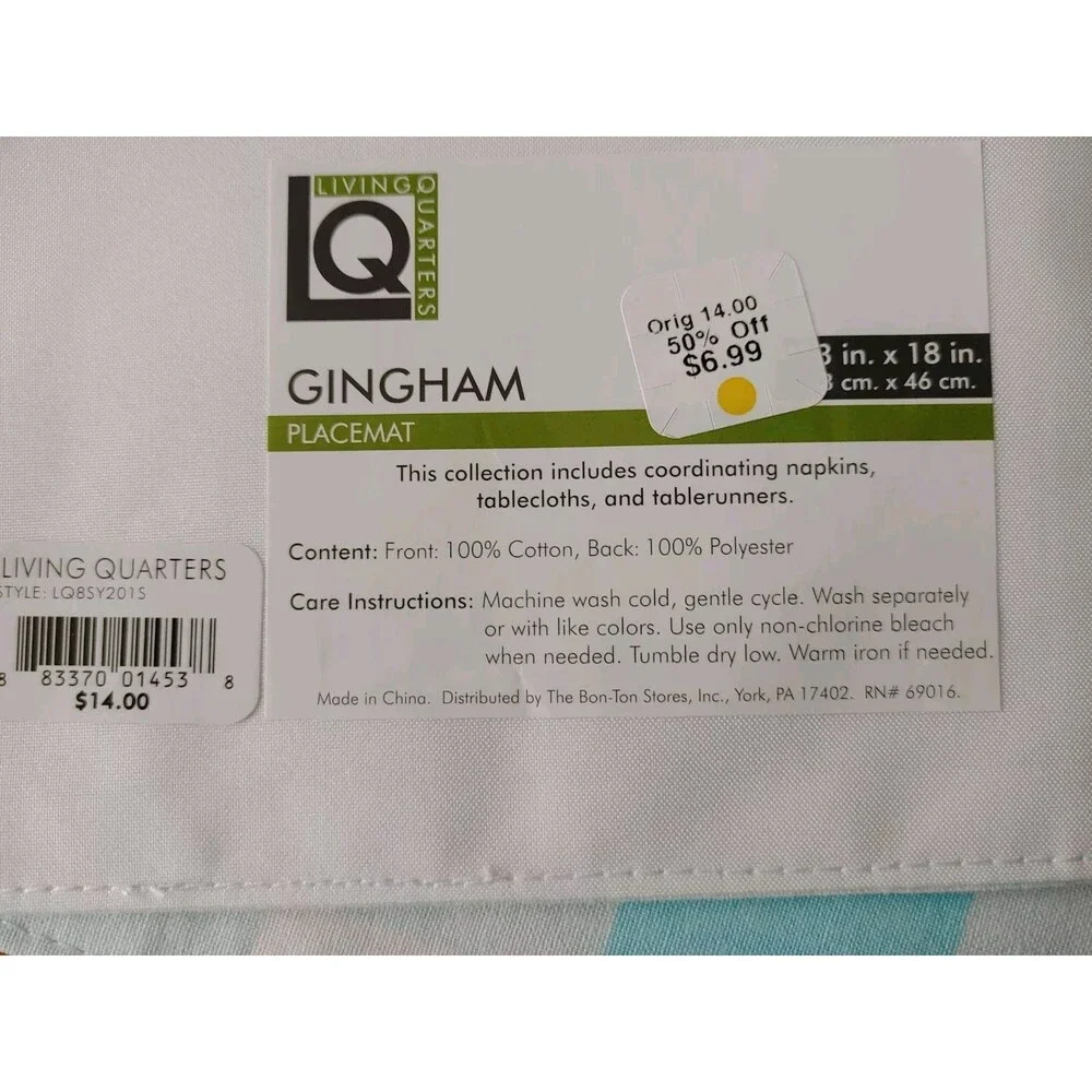 GINGHAM CHECK (6) Living Quarters Gingham Placemats Set Of 6 NWT